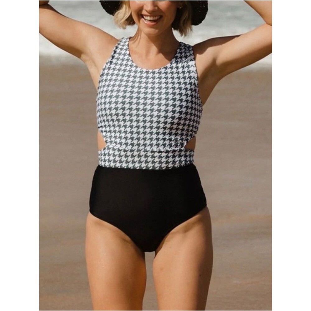 Albion Castaway Houndstooth One Piece Swimsuit Sz XS Cutout Tie Back Black White